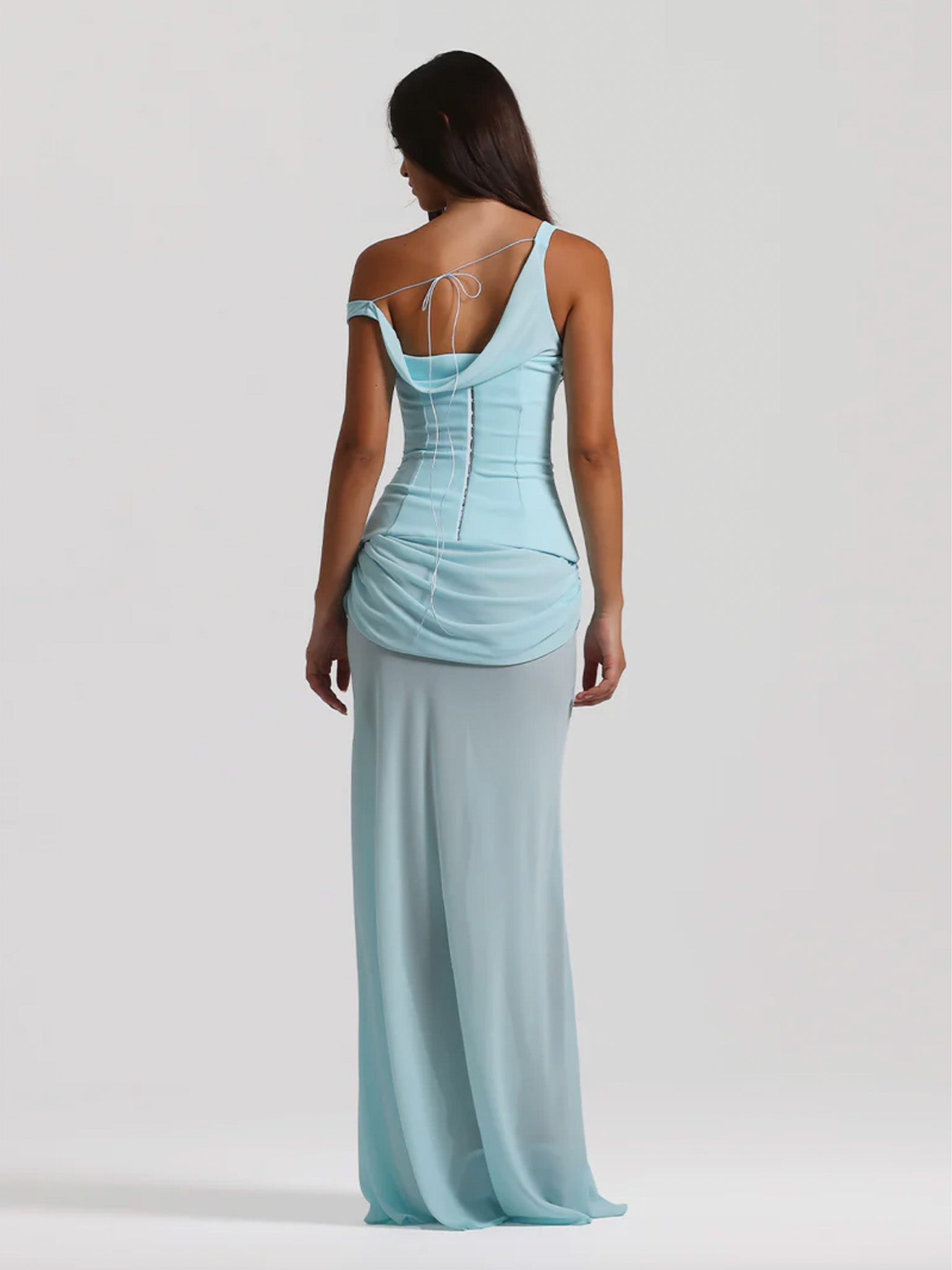 aqua corset draped dress