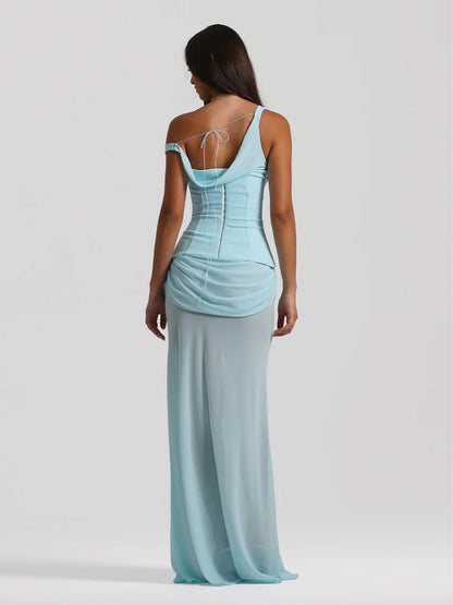 aqua corset draped dress