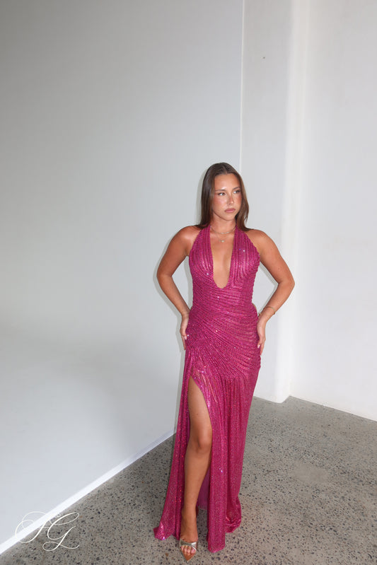 Rose Halter Gown - Hot pink