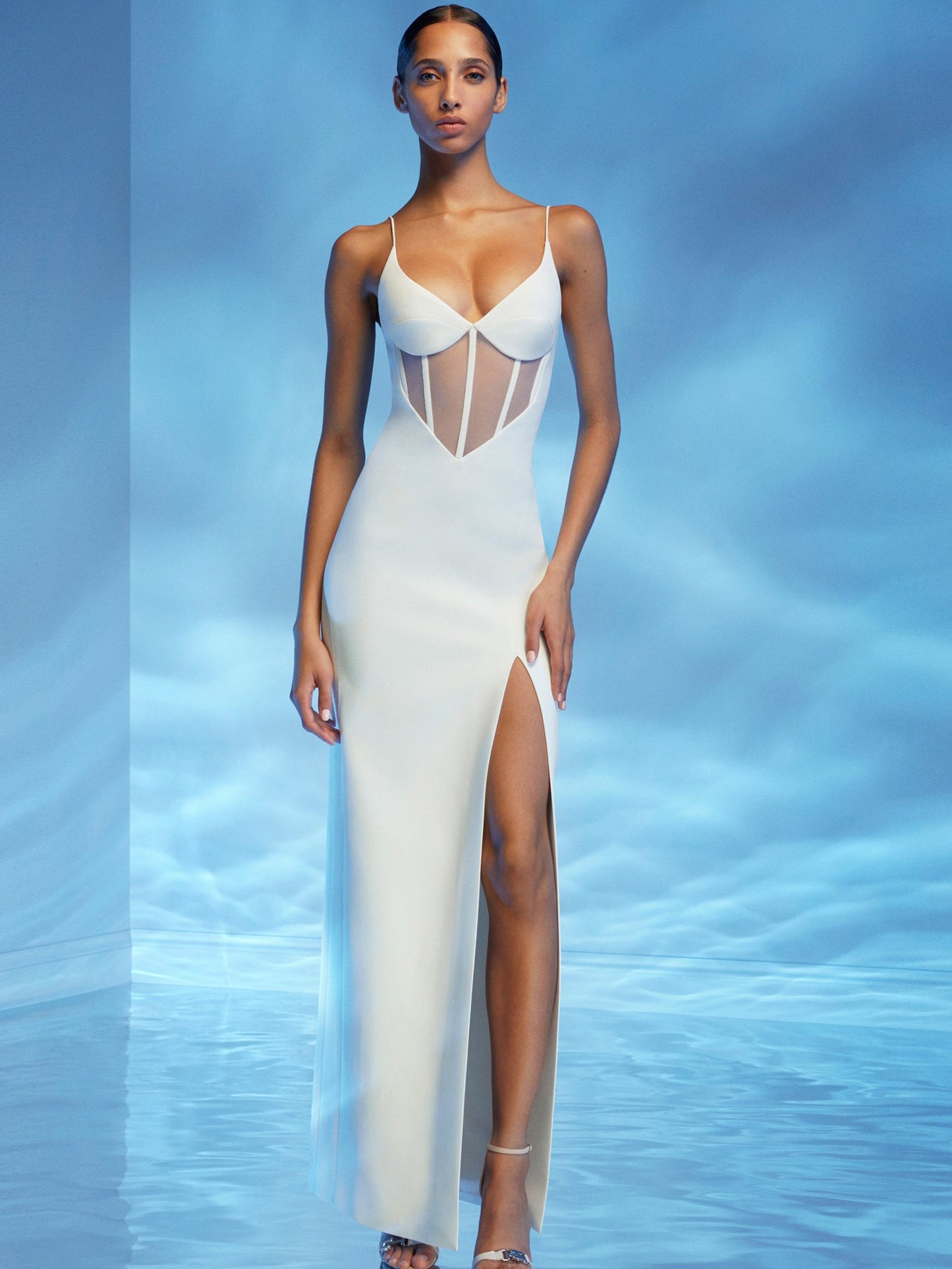 david koma corset dress Sequined cady and mesh corset gown in neutrals - David Koma
